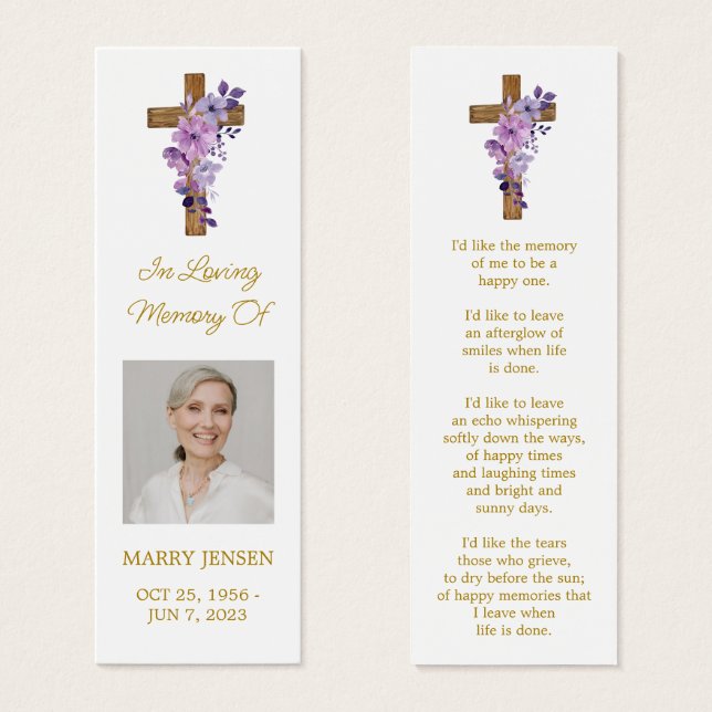 Purple flower Cross Photo Funeral Bookmark (Vorne & Hinten)