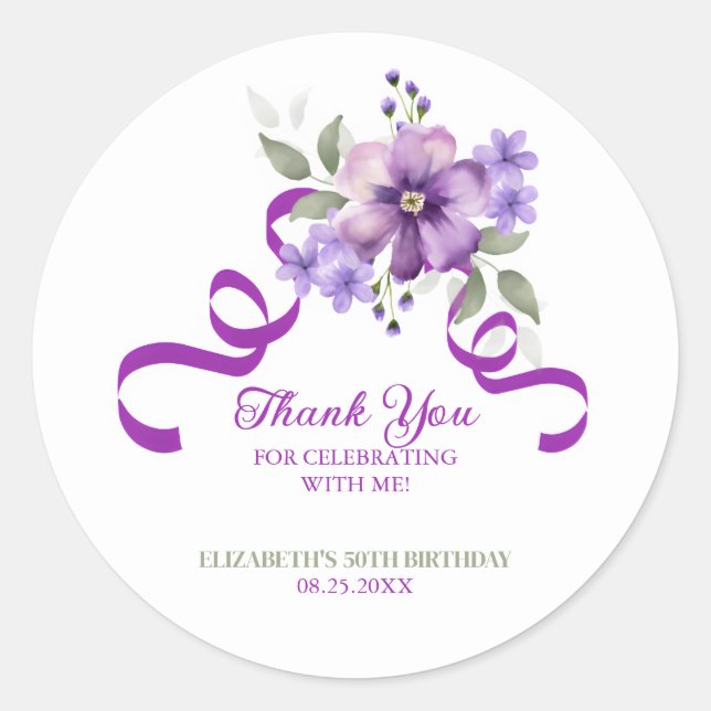 Purple Flower Greenery Ribbon Birthday Runder Aufkleber (Vorderseite)