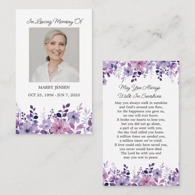 Purple Flower Memorial Photo Funeral Prayer Card Visitenkarte (Vorne/Hinten)