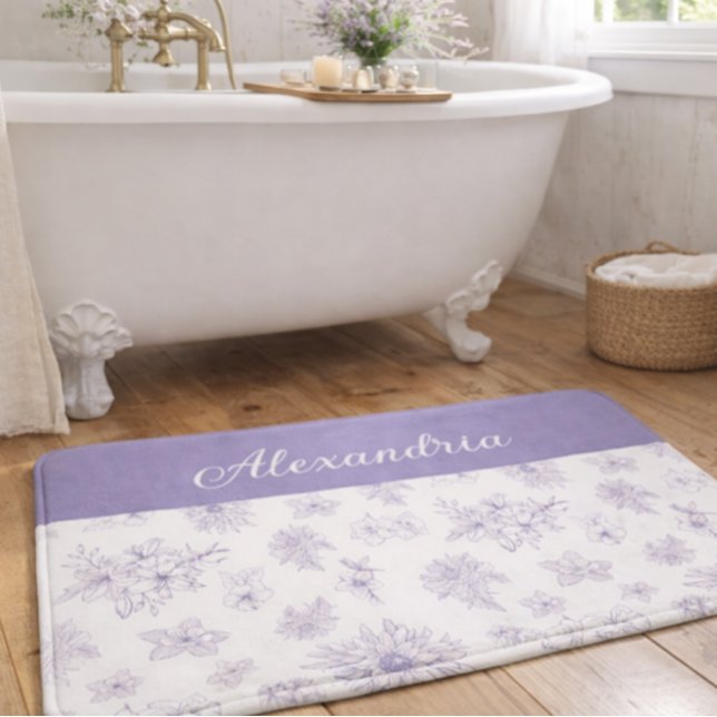 Purple Flower Pattern Custom Name  Badematte (Von Creator hochgeladen)