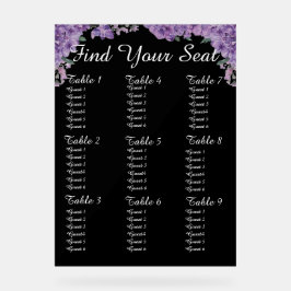 Purple Flowers Black Find Your Seat Wedding Seatin Acrylschild