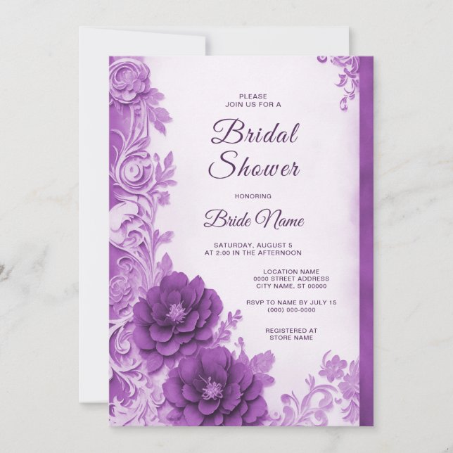 Purple Flowers Blühte Bridal Dusche Einladung (Vorderseite)