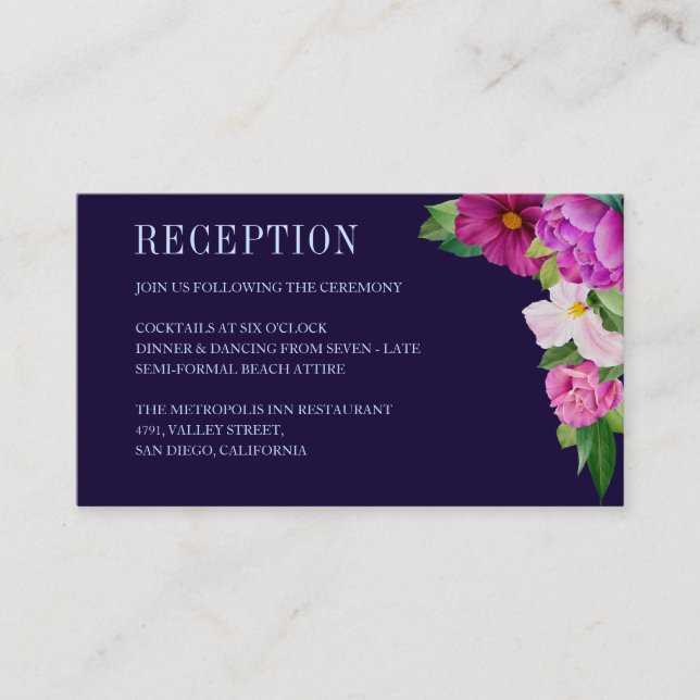 Purple Flowers Bouquet Blue Wedding Empfang Begleitkarte (Vorderseite)