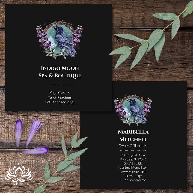 Purple Flowers Celestial Raven Crystals Wreath Quadratische Visitenkarte (Von Creator hochgeladen)