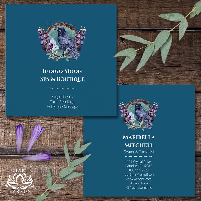 Purple Flowers Celestial Raven Crystals Wreath Quadratische Visitenkarte (Von Creator hochgeladen)
