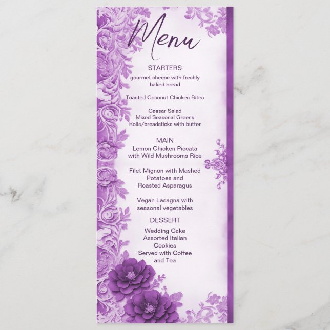 Purple Flowers Geblüht Wedding Menu Menükarte (Vorderseite)