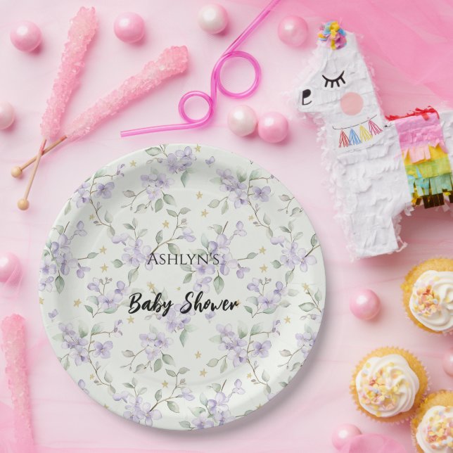 Purple Flowers Gold Stars Moons Baby Shower Pappteller (Party)