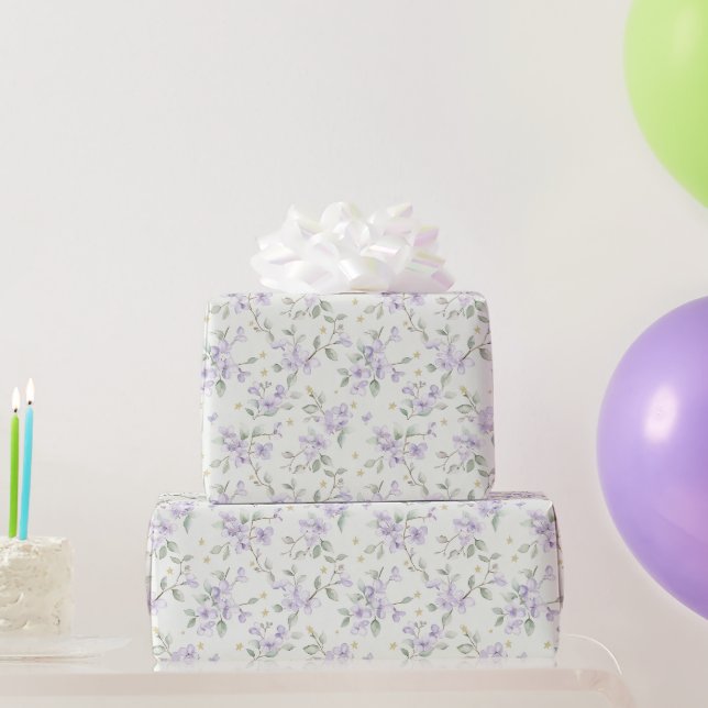 Purple Flowers Gold Stars Moons Birthday Geschenkpapier (Partygeschenke)
