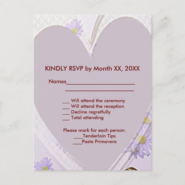 Purple Flowers Heart Wedning Dinner UAWG Postcard Einladungspostkarte (Vorderseite)