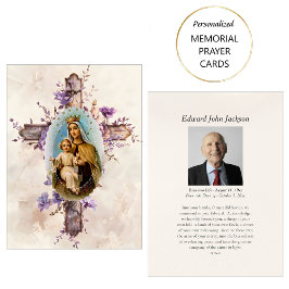 Purple Flowers Jungfrau Mary Funerary Prayer Card Platzkarte