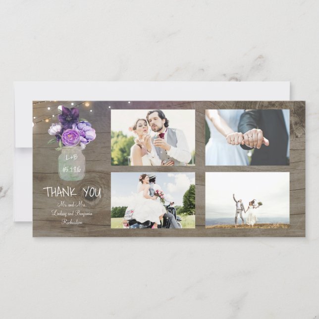 Purple Flowers Mason Jar Rustic Wedding Vielen Dan Dankeskarte (Vorderseite)