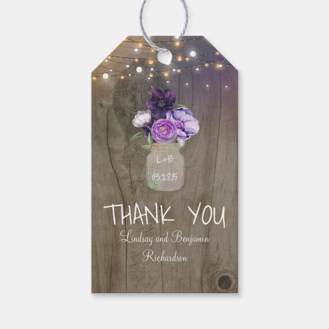 Purple Flowers Mason Jar Rustic Wood Geschenkanhänger (Vorderseite)