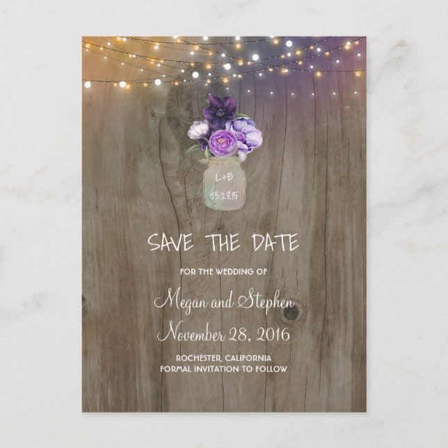 Purple Flowers Mason Jar Rustikal Save the Date Ankündigungspostkarte (Vorderseite)