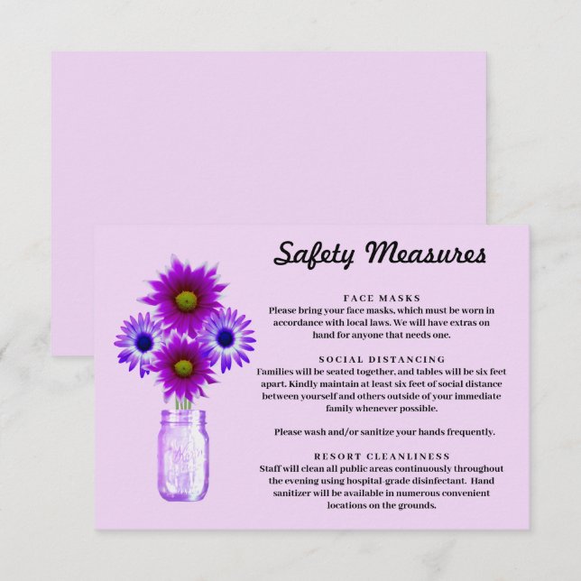 Purple Flowers Mason Jar Sicherheitsmaßnahmen Begleitkarte (Vorne/Hinten)