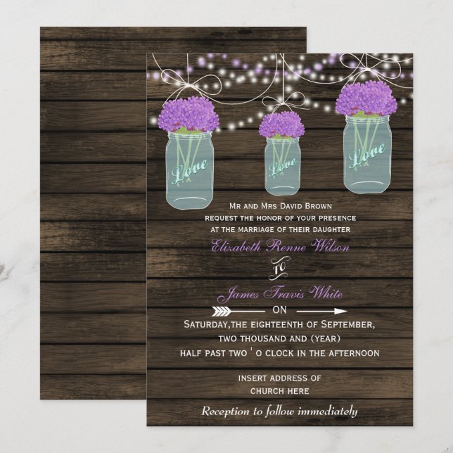 Purple Flowers Mason Jars Barn Wood Wedding Einladung (Vorne/Hinten)