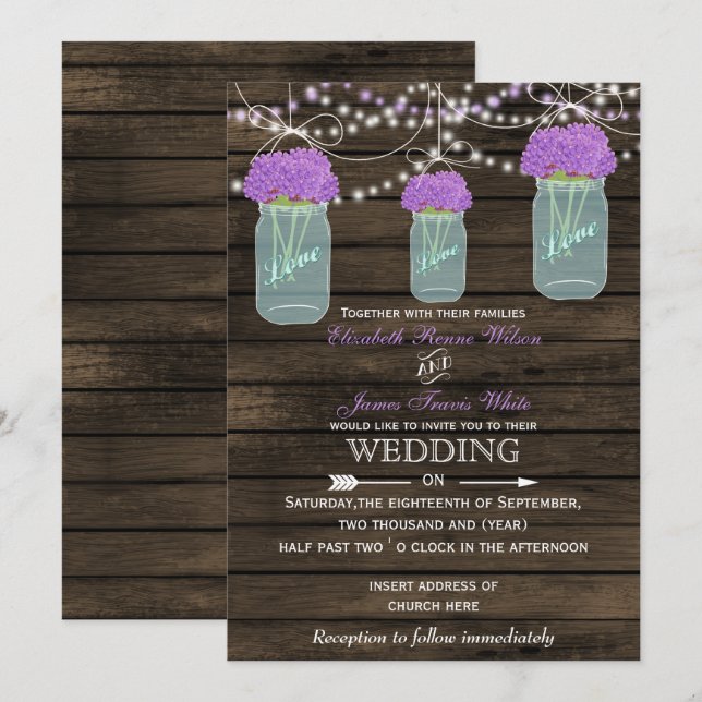 Purple Flowers Mason Jars Barn Wood Wedding Einladung (Vorne/Hinten)