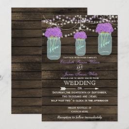 Purple Flowers Mason Jars Barn Wood Wedding Einladung