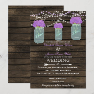 Purple Flowers Mason Jars Barn Wood Wedding Einladung