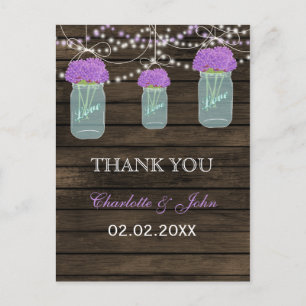 Purple Flowers Mason Jars Barn Wood Wedding Postkarte