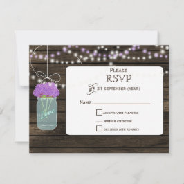 Purple Flowers Mason Jars Barn Wood Wedding RSVP Karte