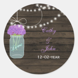 Purple Flowers Mason Jars Barn Wood Wedding Runder Aufkleber