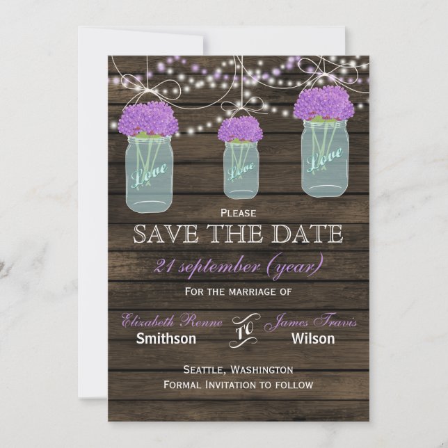 Purple Flowers Mason Jars Barn Wood Wedding Save The Date (Vorderseite)