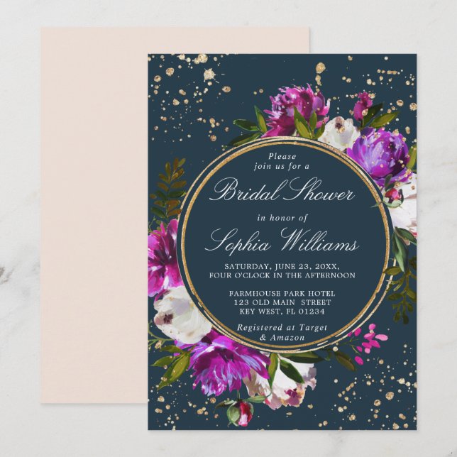 Purple Flowers & Navy Blue Brautparty Einladung (Vorne/Hinten)