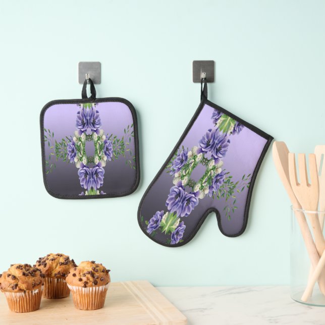 Purple Flowers Oven Mitt & Pot Holding Set (Insitu (Hängend))