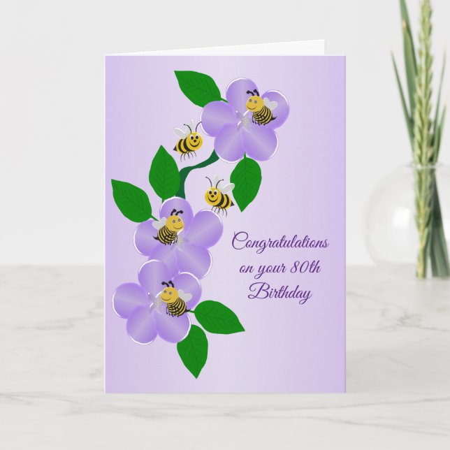 Purple Flowers Personalisiert 80. Geburtstag Karte (Vorderseite)