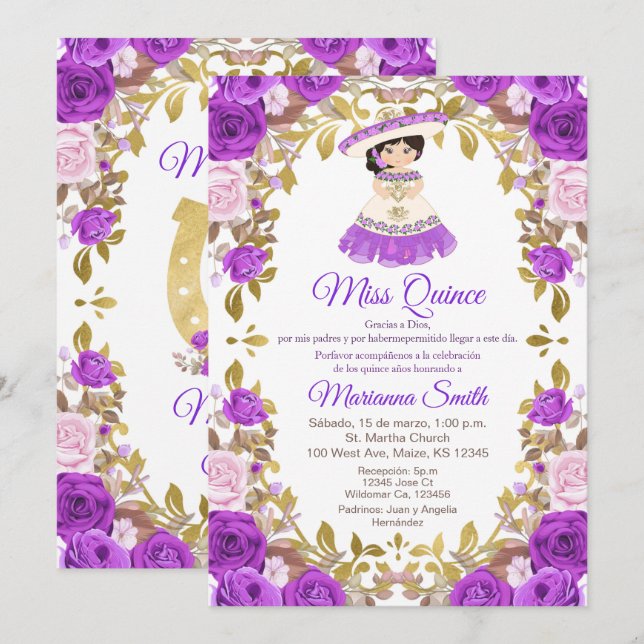 Purple Flowers Quinceanera Einladung (Vorne/Hinten)