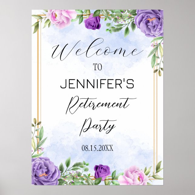 Purple Flowers Retirement Party Willkommenszeichen Poster (Vorne)