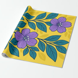 Purple Flowers & Teal Leaves on Yellow Background Geschenkpapier