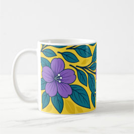 Purple Flowers & Teal Leaves on Yellow Background Kaffeetasse