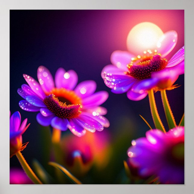 Purple Flowers und Dew Drops Foto Poster (Vorne)