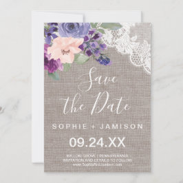 Purple Flowers und Lace Save the Date Card
