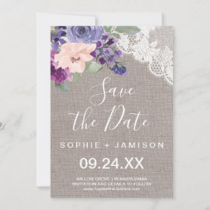 Purple Flowers und Lace Save the Date Card