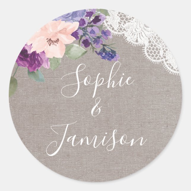 Purple Flowers und Lace Wedding Umschlag Aufkleber (Vorderseite)