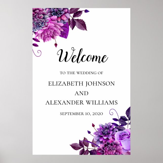 Purple flowers welcome sign. Wedding floral print Poster (Vorne)
