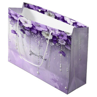 Purple Flowers with Dangling Pearls Gift Bag Große Geschenktüte
