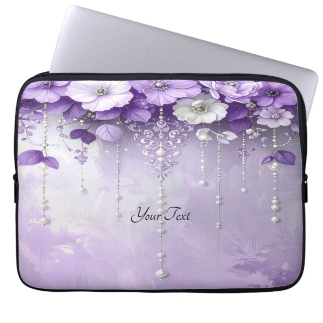 Purple Flowers with Dangling Pearls Laptop Sleeve (Vorderseite)