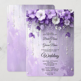 Purple Flowers with Dangling Pearls Wedding Einladung