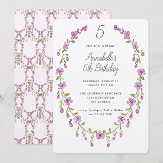 Purple Flowers Wreath Delicate Kids Birthday Party Einladung