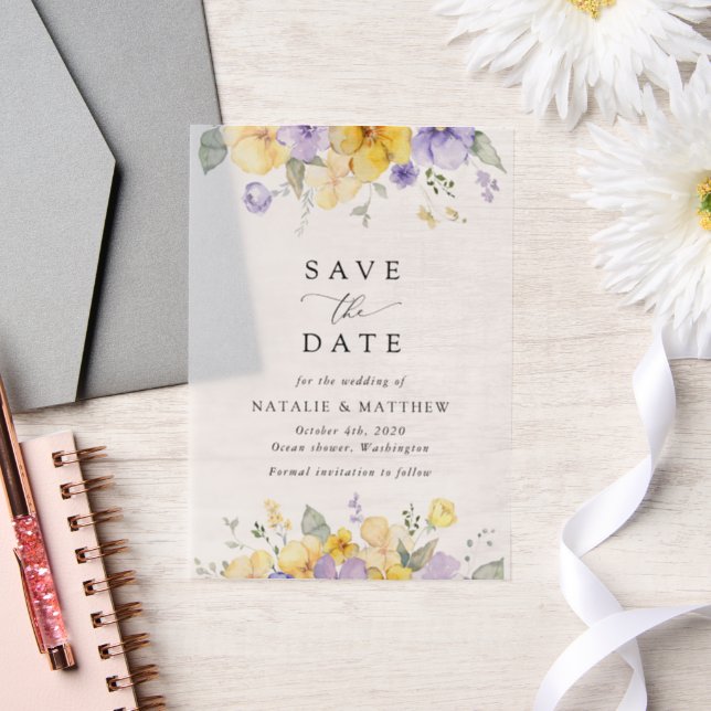 Purple Flowers, Yellow Flowers, Boho Save The Date (Hochzeit)