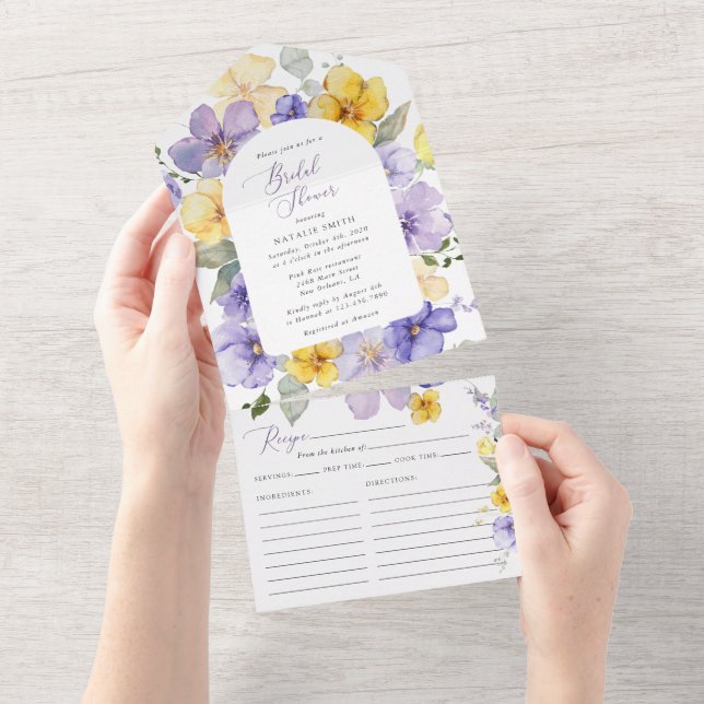 Purple Flowers, Yellow Flowers, Bridal Shower All In One Einladung (Abreißen)