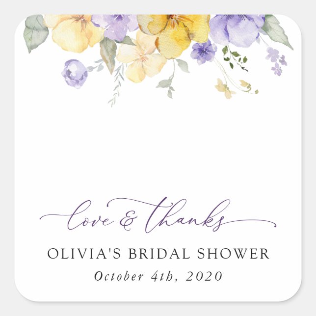 Purple Flowers, Yellow Flowers, Bridal Shower Quadratischer Aufkleber (Vorderseite)