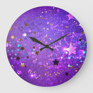 Purple foil background with Stars Große Wanduhr