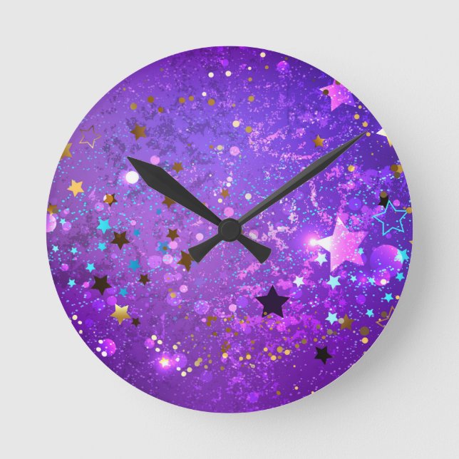 Purple foil background with Stars Runde Wanduhr (Vorderseite)