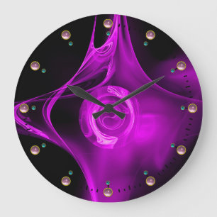 PURPLE FRACTAL ROSE IN BLACK,  PINK GEMSTONES GROßE WANDUHR