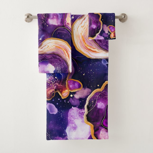 Purple Geode Abstract with Gold Cosmic Accents Badhandtuch Set (Insitu)