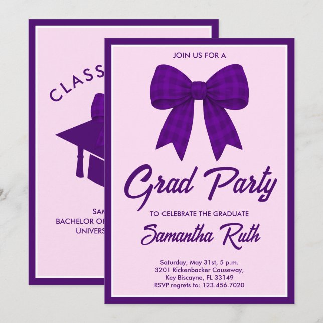 Purple Gingham Bow Graduation Party Einladung (Vorne/Hinten)